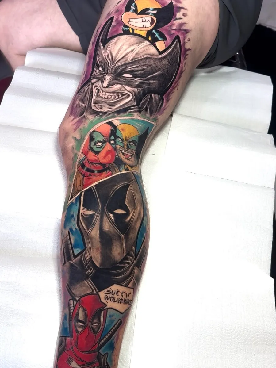 Fechamento de perna com Wolverine e Deadpool